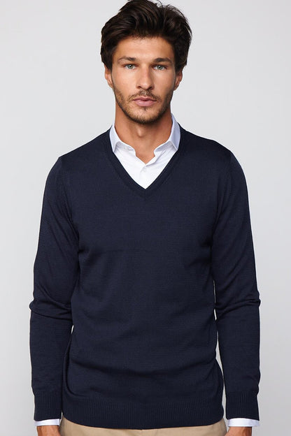 Men's Slim Fit Narrow Cut V-Neck Non-Pilling Soft Textured Navy Blue Sweater