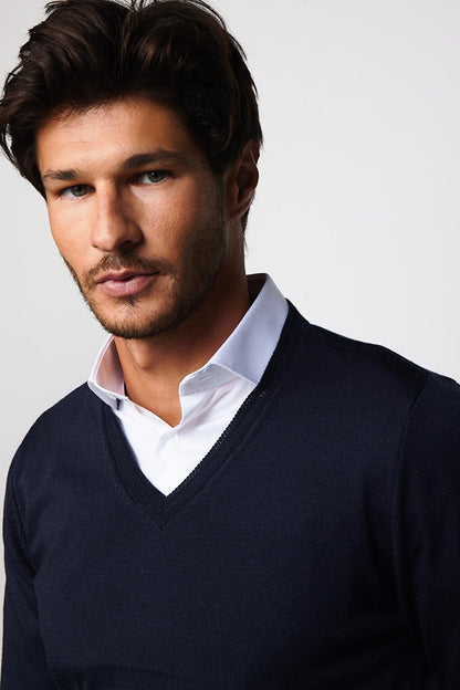 Men's Slim Fit Narrow Cut V-Neck Non-Pilling Soft Textured Navy Blue Sweater