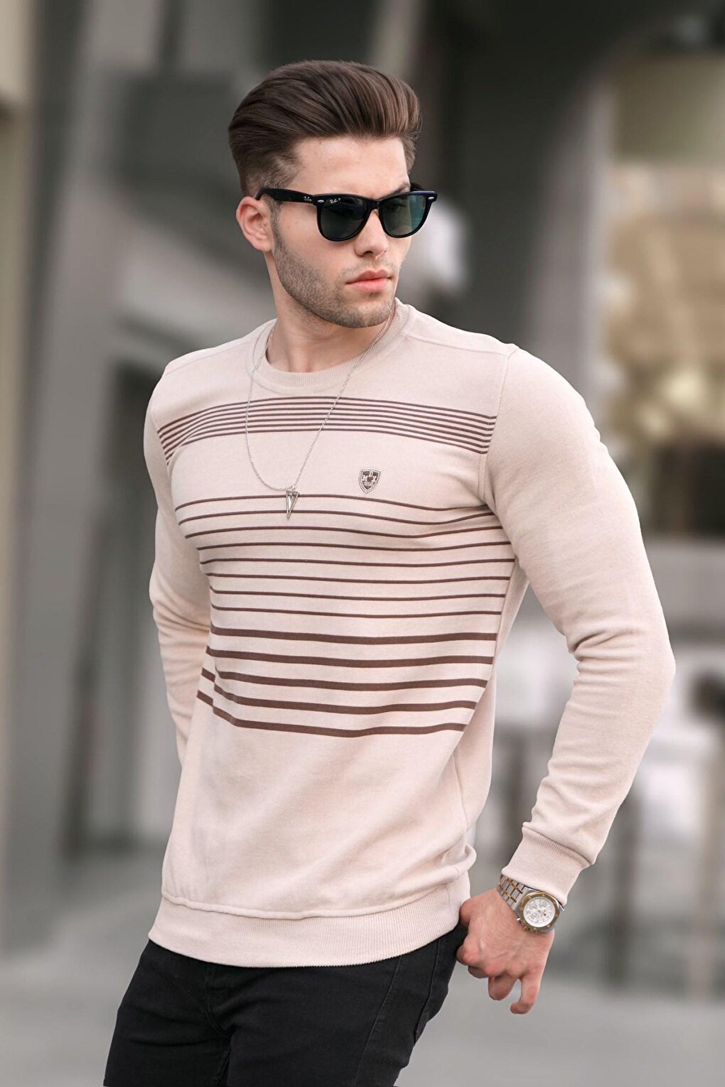 Beige Striped Crew Neck Knitwear Sweater 5961