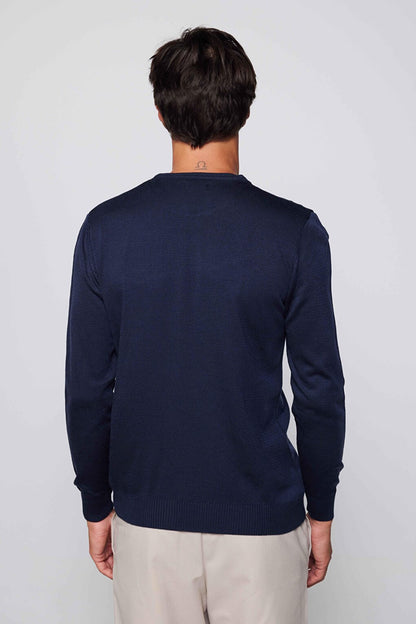 Men's Slim Fit Narrow Cut Crew Neck Non-Pilling Soft Textured Navy Blue Sweater