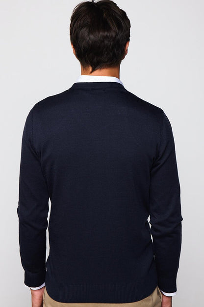 Men's Slim Fit Narrow Cut V-Neck Non-Pilling Soft Textured Navy Blue Sweater