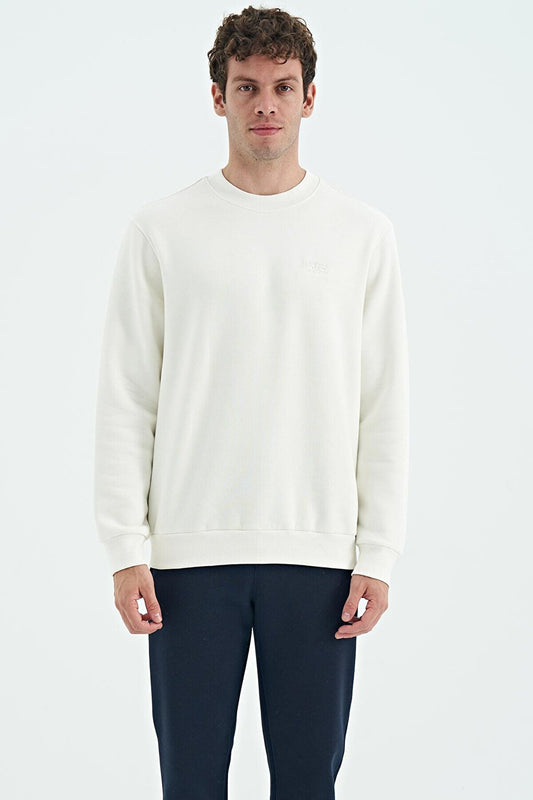 Omar Ecru Crew Neck Basic Men's Sweatshirt - 88137