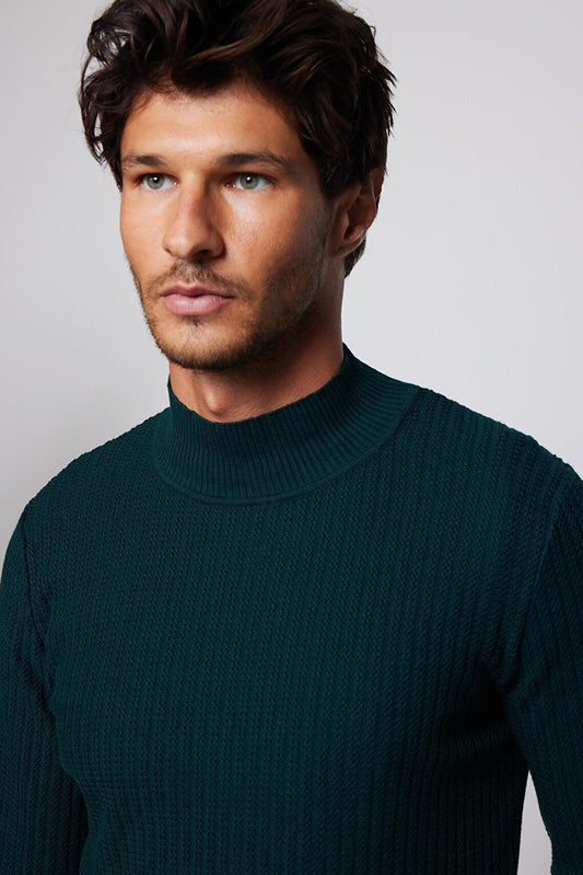 Men's Slim Fit Half Turtleneck Green Sweater Without Pilling