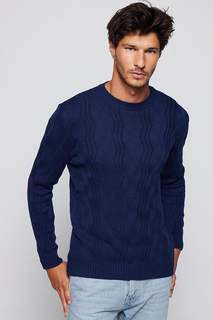 Men's Slim Fit Narrow Cut Crew Neck Patterned Navy Blue Sweater