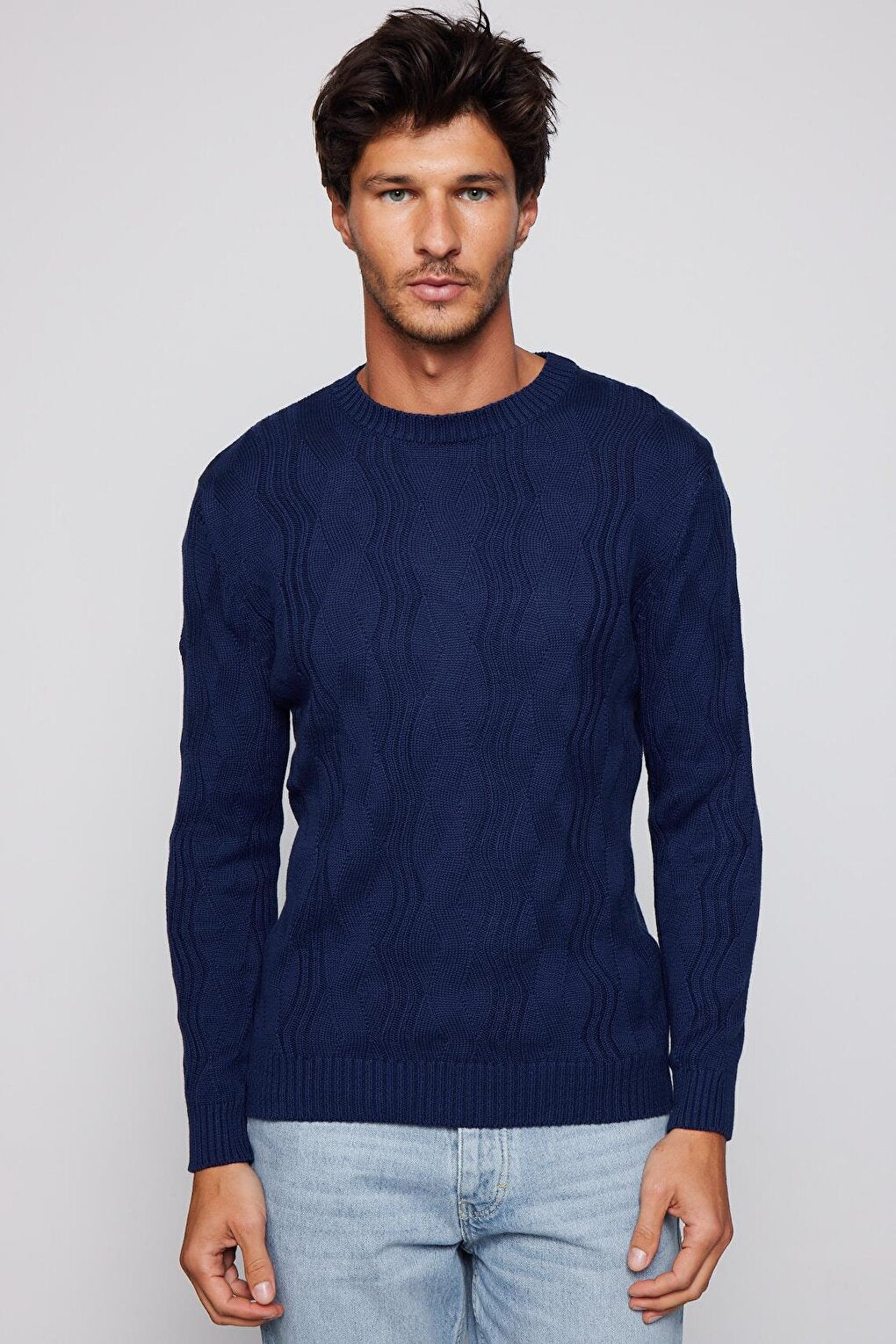 Men's Slim Fit Narrow Cut Crew Neck Patterned Navy Blue Sweater