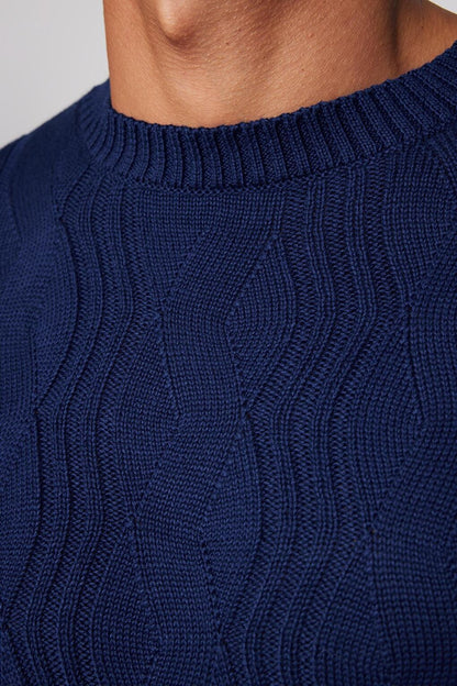 Men's Slim Fit Narrow Cut Crew Neck Patterned Navy Blue Sweater