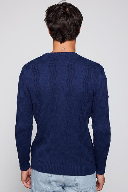 Men's Slim Fit Narrow Cut Crew Neck Patterned Navy Blue Sweater