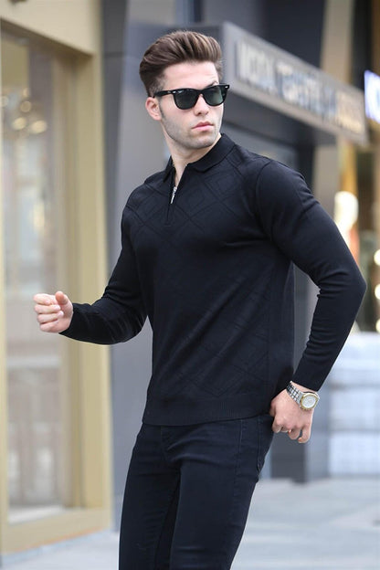 Black Zipper Detailed Polo Neck Knitwear Sweater 5973