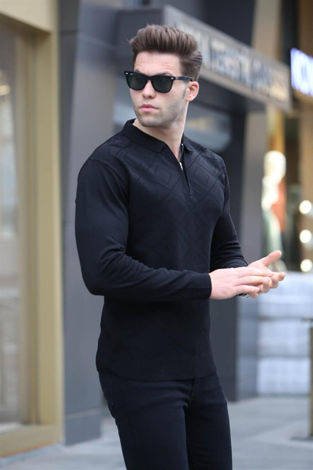 Black Zipper Detailed Polo Neck Knitwear Sweater 5973