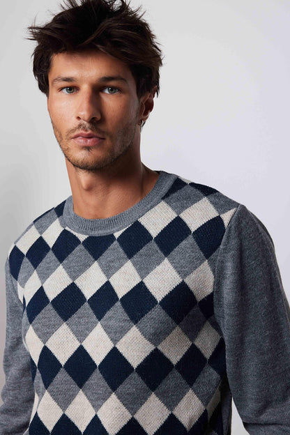 Men's Slim Fit Crew Neck Front Patterned Gray Sweater