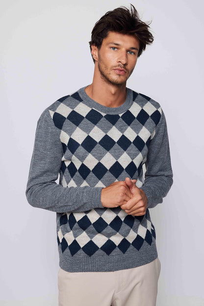 Men's Slim Fit Crew Neck Front Patterned Gray Sweater