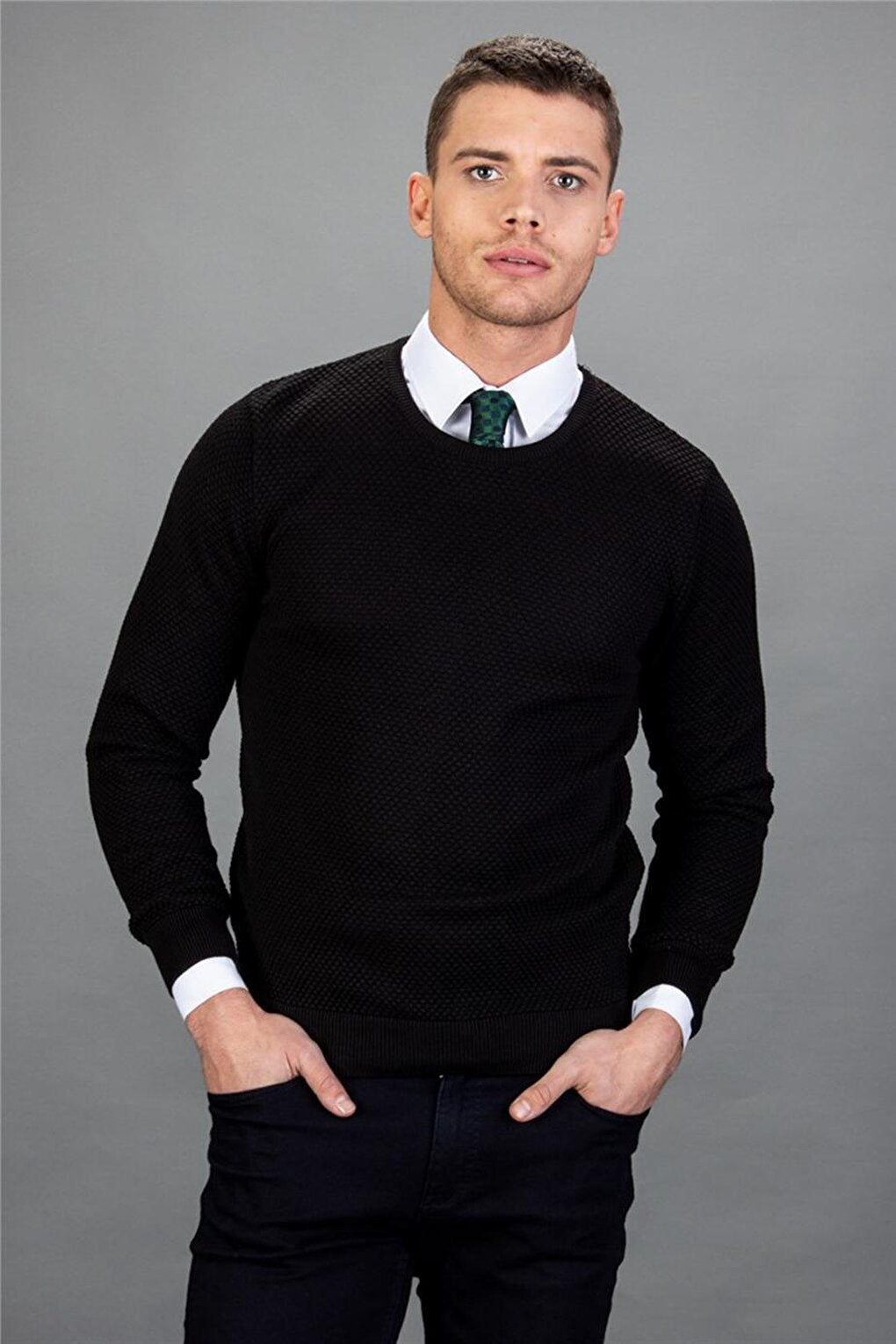 Slim Fit Crew Neck Honeycomb Pattern Men's Black Sweater