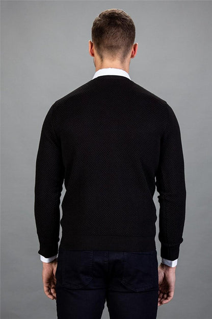 Slim Fit Crew Neck Honeycomb Pattern Men's Black Sweater