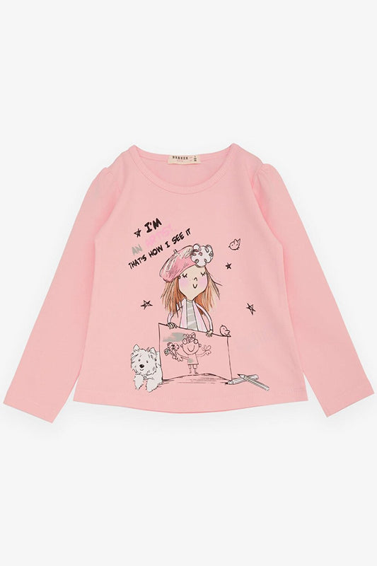 Girl's Long Sleeve T-Shirt, Girl Who Feels Artist, Printed Pink (Ages 3-8)