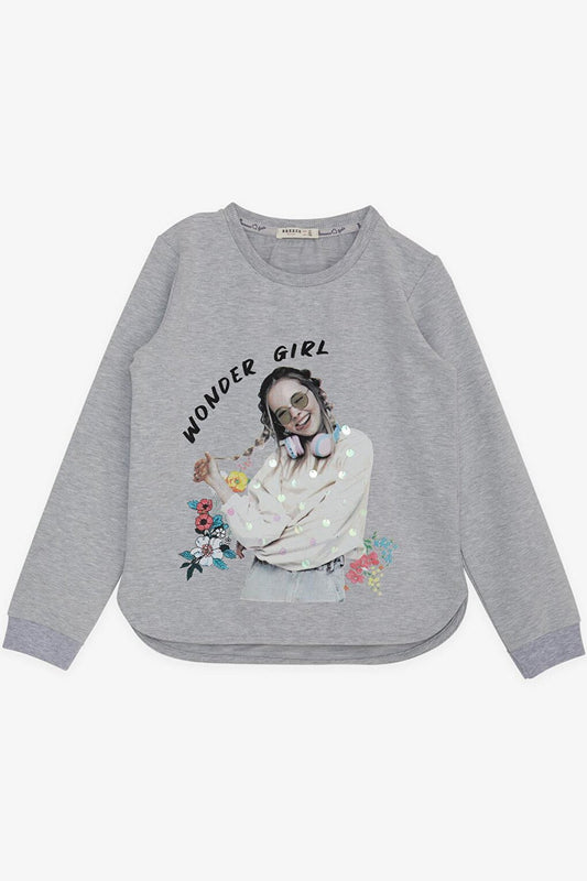 Girl's Sweatshirt Wonderful Girl Text Printed Floral Gray Melange (Ages 9-14)