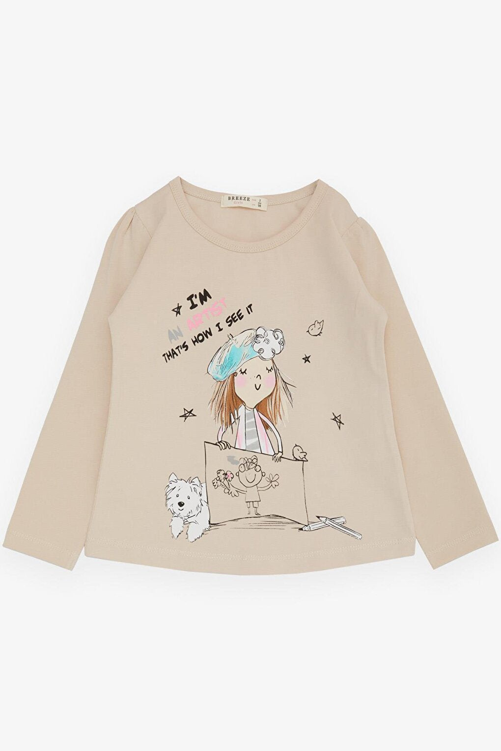 Girl's Long Sleeve T-Shirt The Girl Who Feels An Artist Printed Beige (3-8 Years)