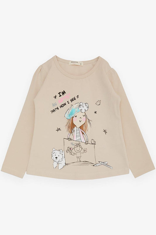 Girl's Long Sleeve T-Shirt The Girl Who Feels An Artist Printed Beige (3-8 Years)