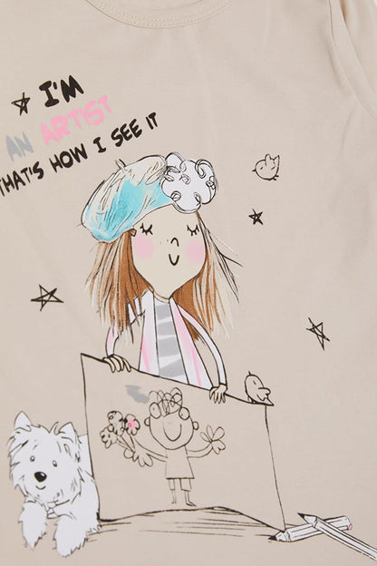 Girl's Long Sleeve T-Shirt The Girl Who Feels An Artist Printed Beige (3-8 Years)