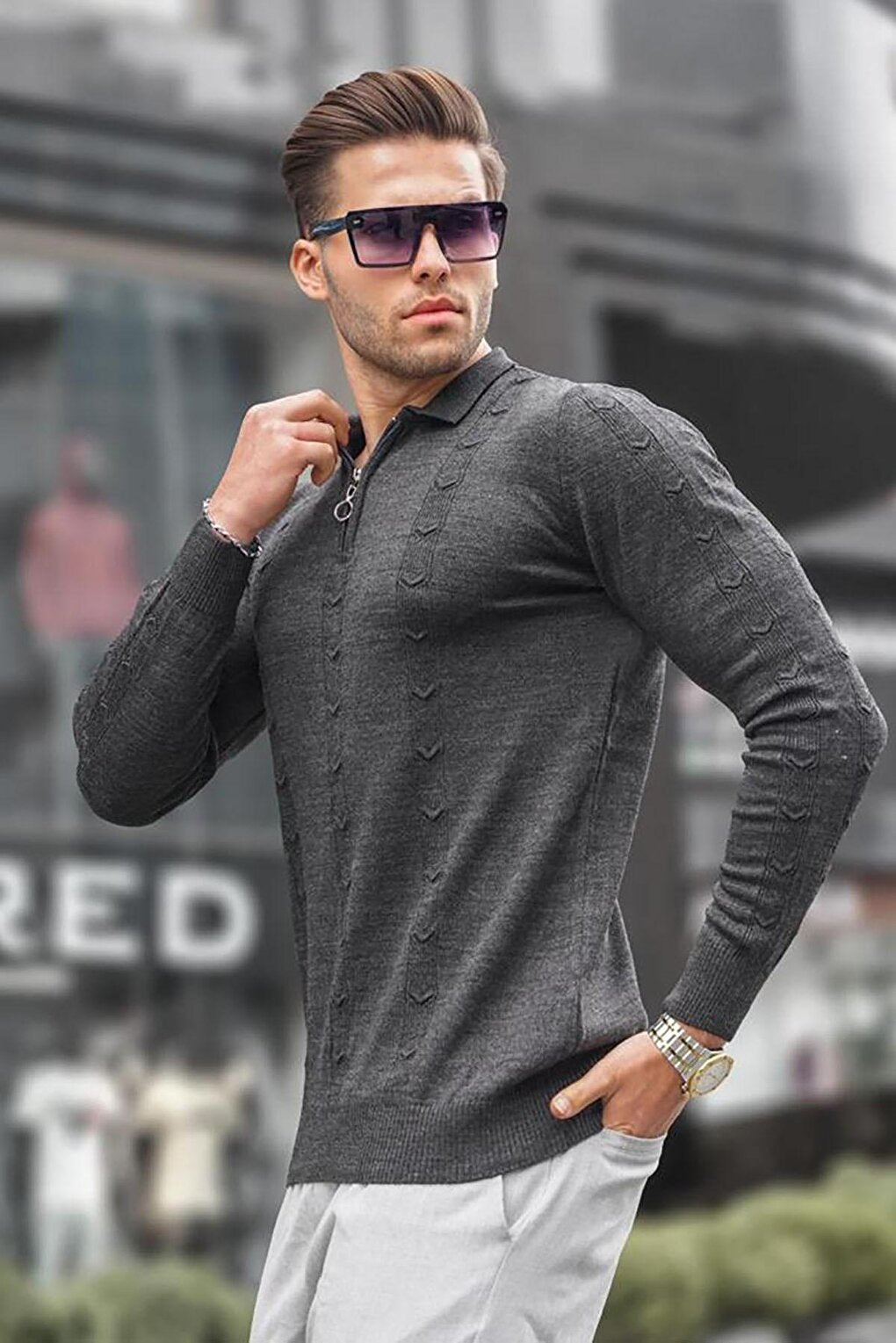 Anthracite Zipper Detailed Knitwear Sweater 5606