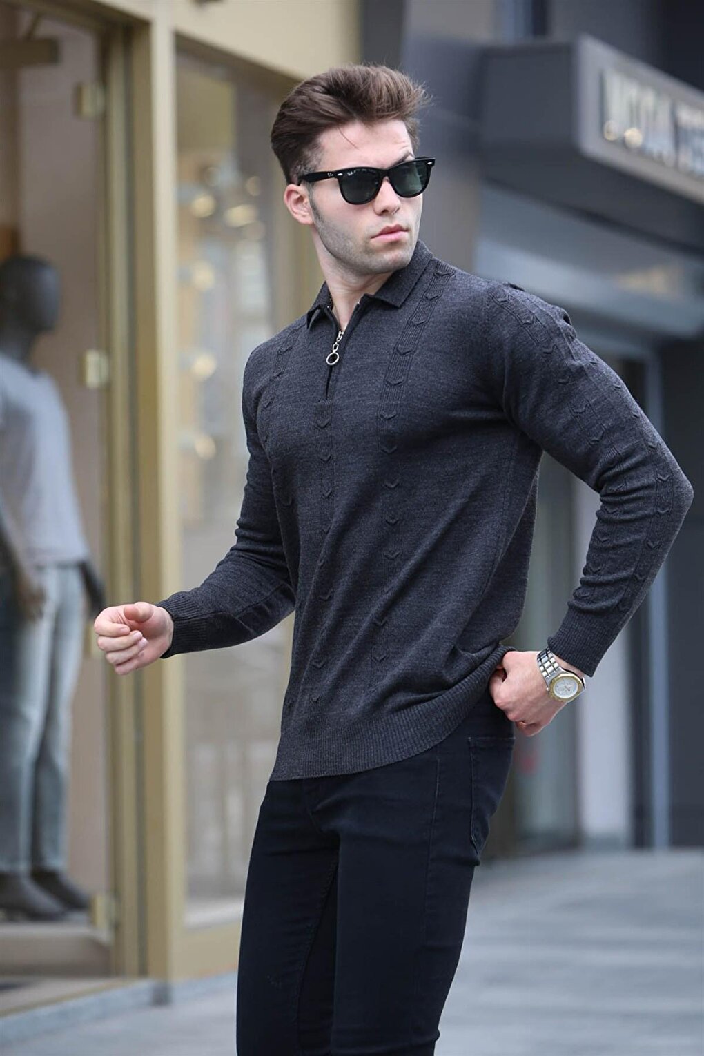 Anthracite Zipper Detailed Knitwear Sweater 5606