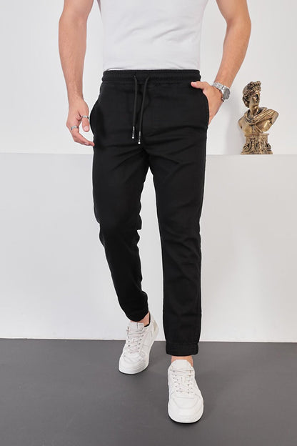 Men's Black Cotton Jogger Pants with Elastic Waist and Legs