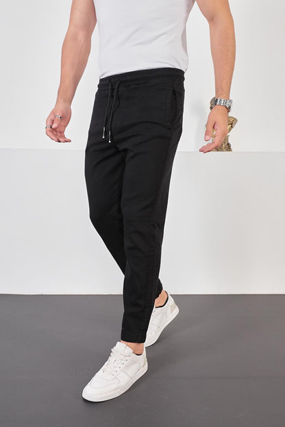 Men's Black Cotton Jogger Pants with Elastic Waist and Legs