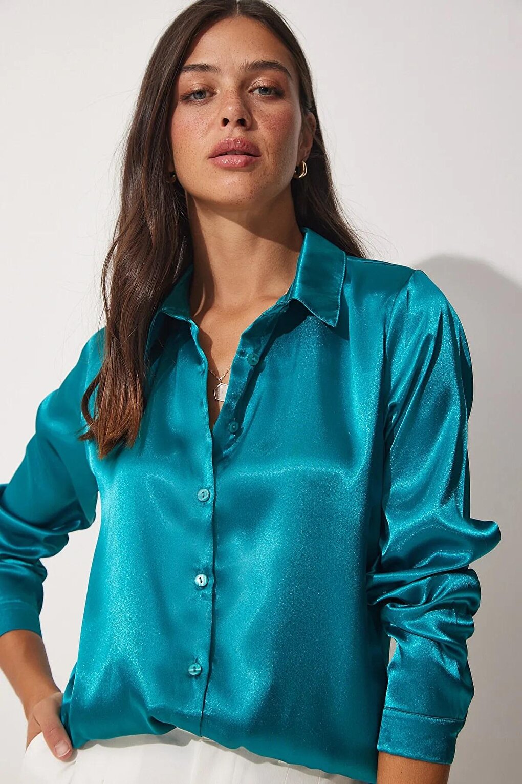 Women's Petrol Blue Flowy Viscose Basic Satin Shirt