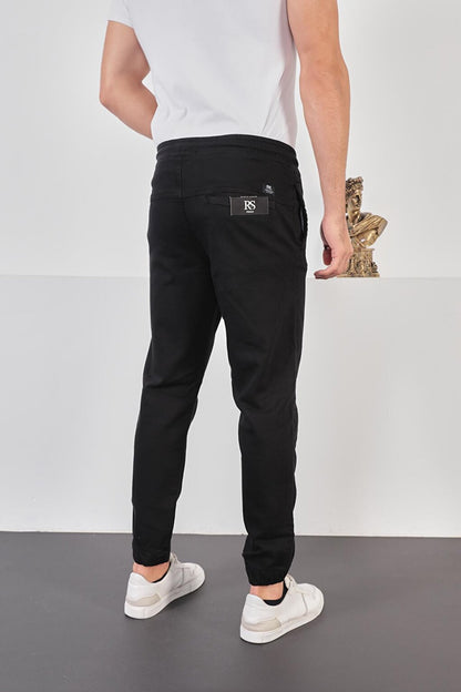 Men's Black Cotton Jogger Pants with Elastic Waist and Legs