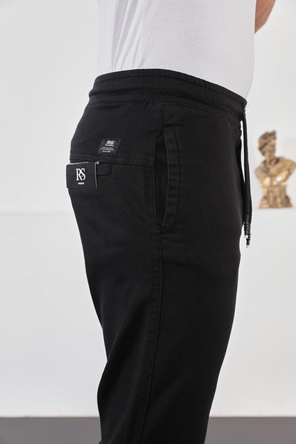 Men's Black Cotton Jogger Pants with Elastic Waist and Legs