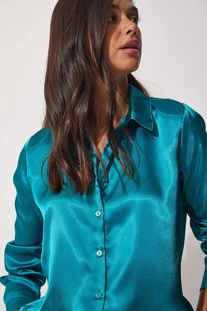 Women's Petrol Blue Flowy Viscose Basic Satin Shirt