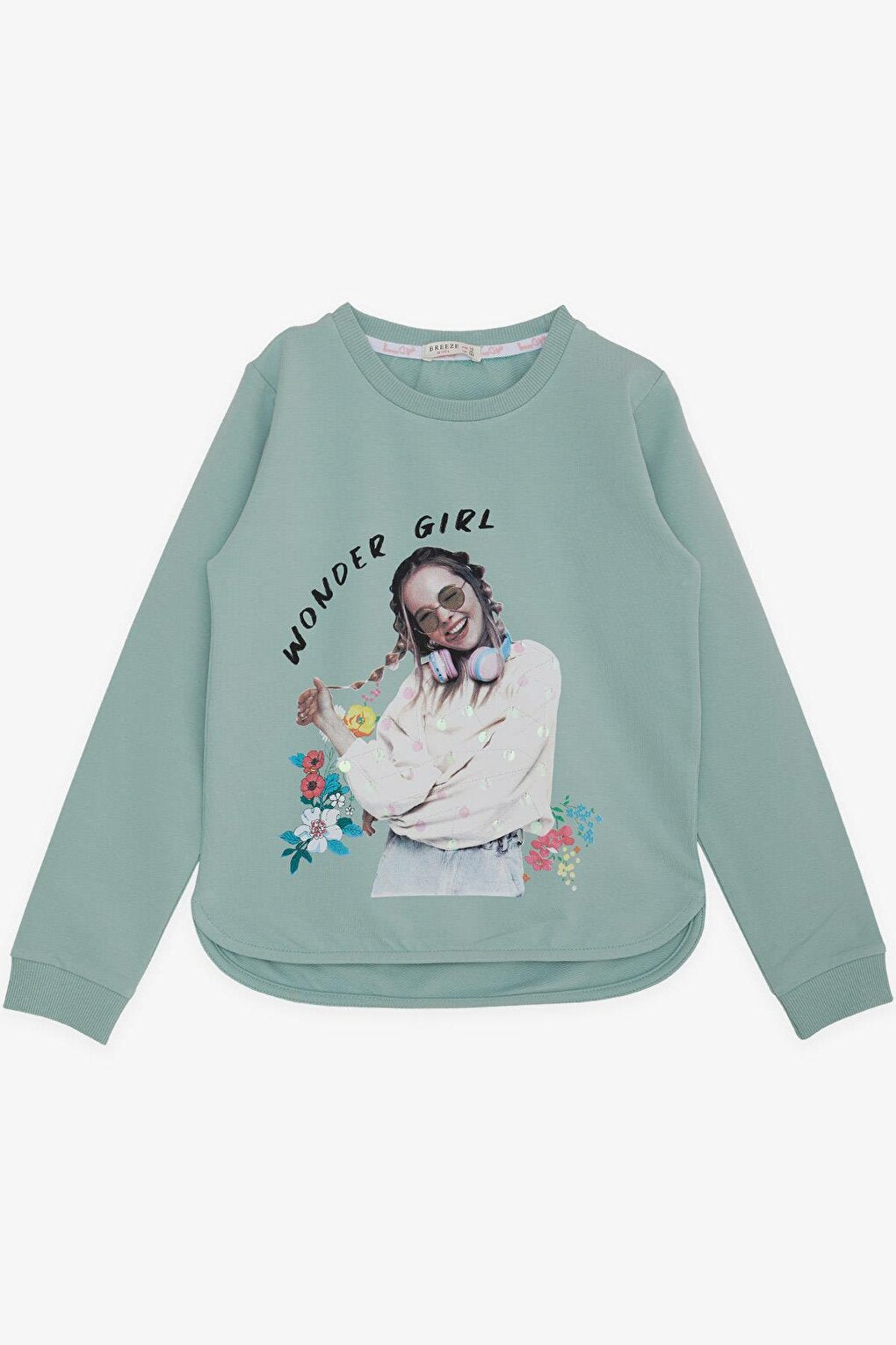 Girl's Sweatshirt Wonderful Girl Text Printed Floral Water Green (Ages 9-14)