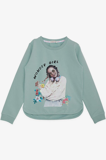 Girl's Sweatshirt Wonderful Girl Text Printed Floral Water Green (Ages 9-14)