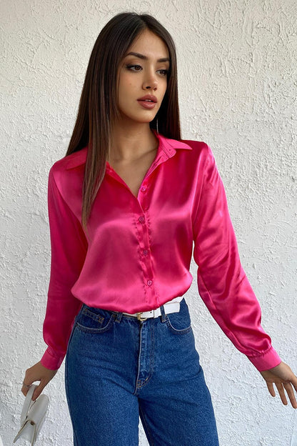 Women's Pink Flowy Viscose Basic Satin Shirt