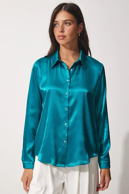 Women's Petrol Blue Flowy Viscose Basic Satin Shirt