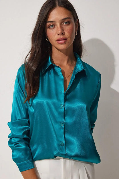 Women's Petrol Blue Flowy Viscose Basic Satin Shirt