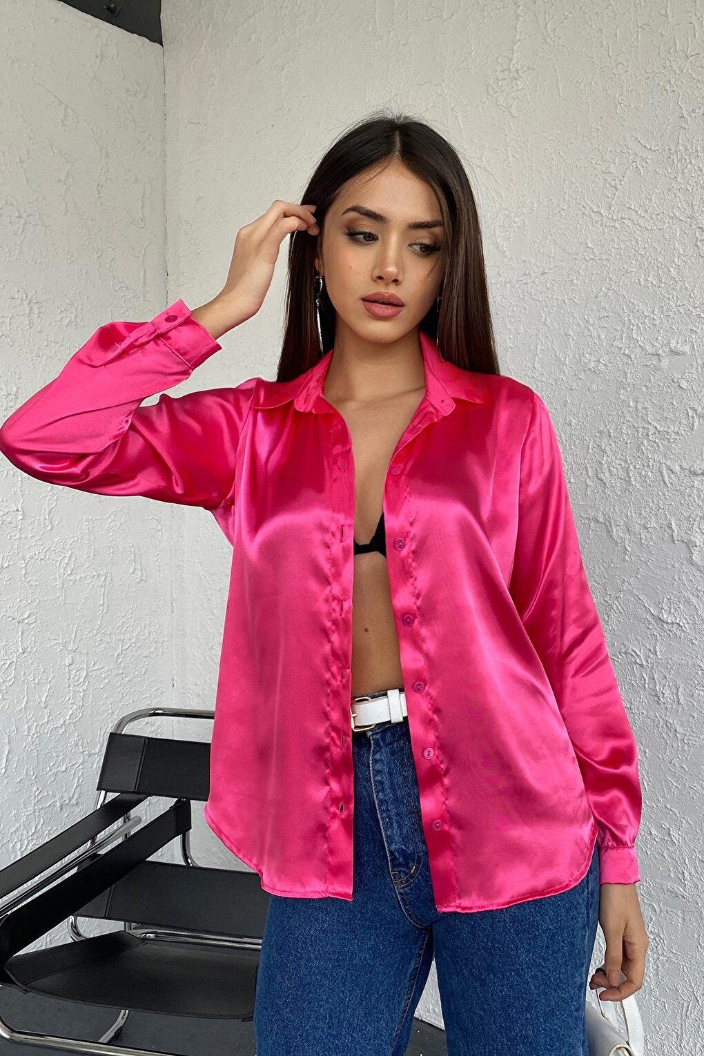 Women's Pink Flowy Viscose Basic Satin Shirt