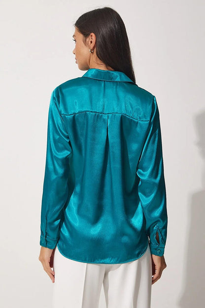 Women's Petrol Blue Flowy Viscose Basic Satin Shirt