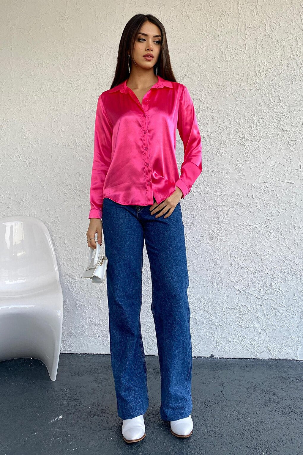 Women's Pink Flowy Viscose Basic Satin Shirt