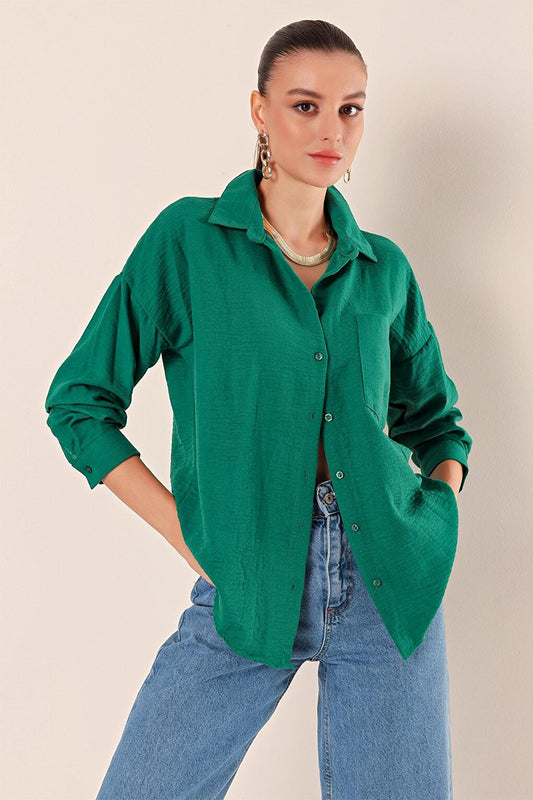 Women's Emerald Green Oversize Shirt with Drop Shoulder Pocket