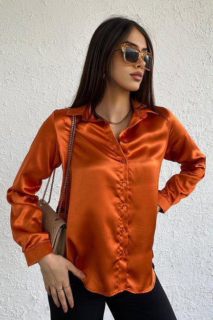 Women's Orange Flowy Viscose Basic Satin Shirt