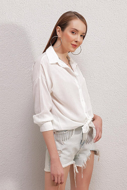 Women's White Drop Shoulder Pocket Oversize Shirt