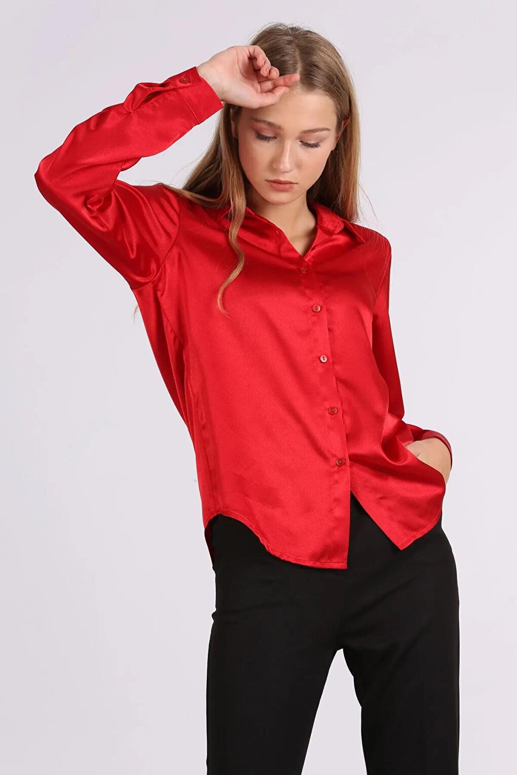 Women's Red Flowy Viscose Basic Satin Shirt