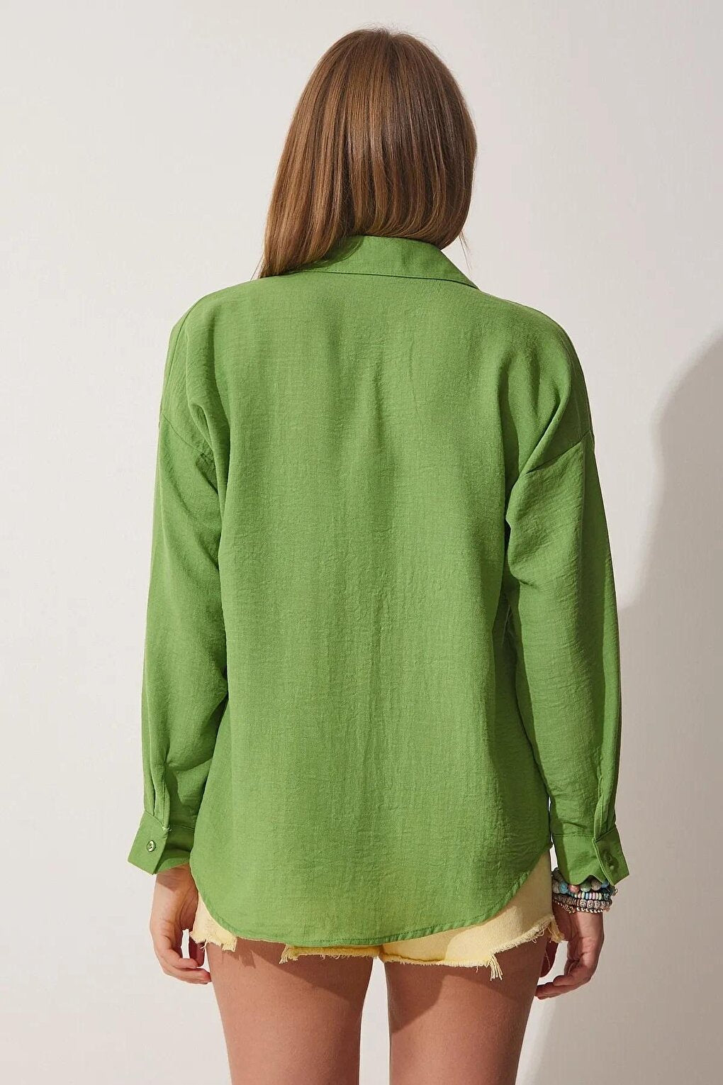 Women's Pistachio Green Oversize Shirt with Drop Shoulder Pockets