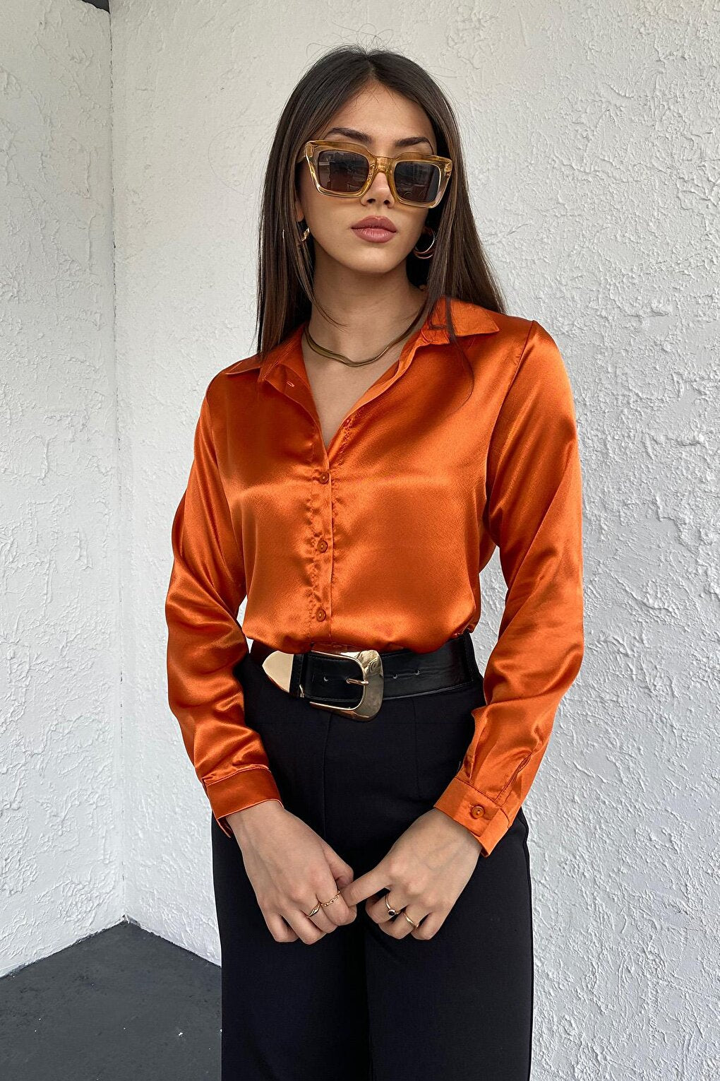 Women's Orange Flowy Viscose Basic Satin Shirt