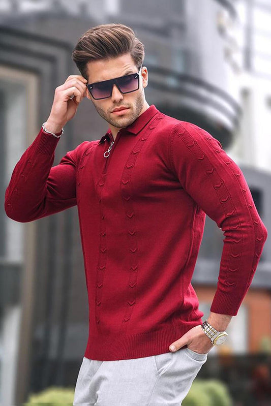 Claret Red Zipper Detailed Knitwear Sweater 5606