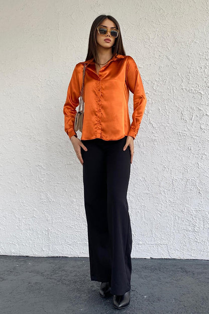 Women's Orange Flowy Viscose Basic Satin Shirt