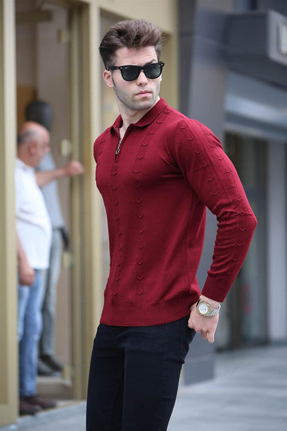 Claret Red Zipper Detailed Knitwear Sweater 5606