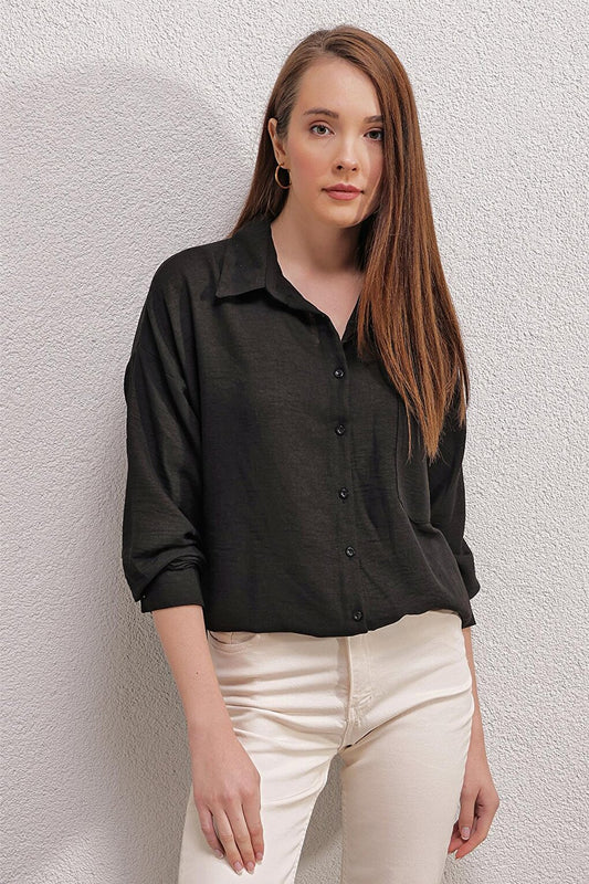 Women's Black Drop Shoulder Pocket Oversize Shirt