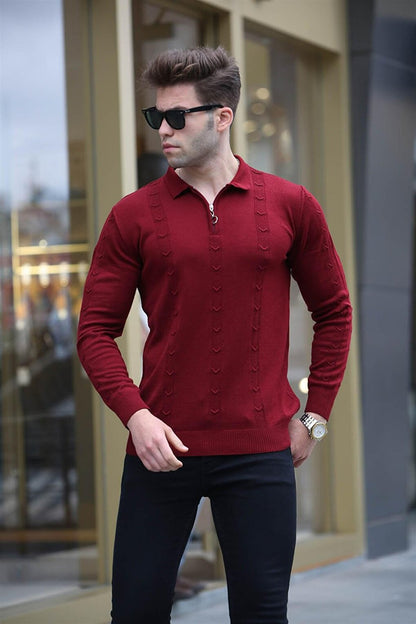 Claret Red Zipper Detailed Knitwear Sweater 5606