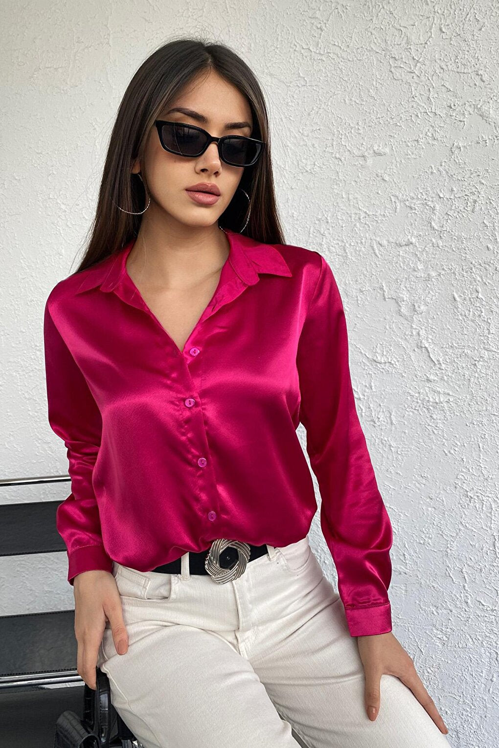 Women's Fuchsia Flowy Viscose Basic Satin Shirt